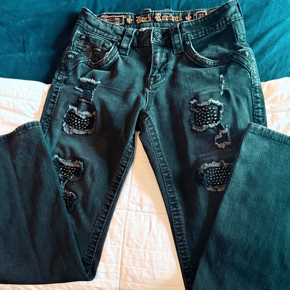 Rock Revival Straight Distressed Jeans with Stud Accents- Mens 31